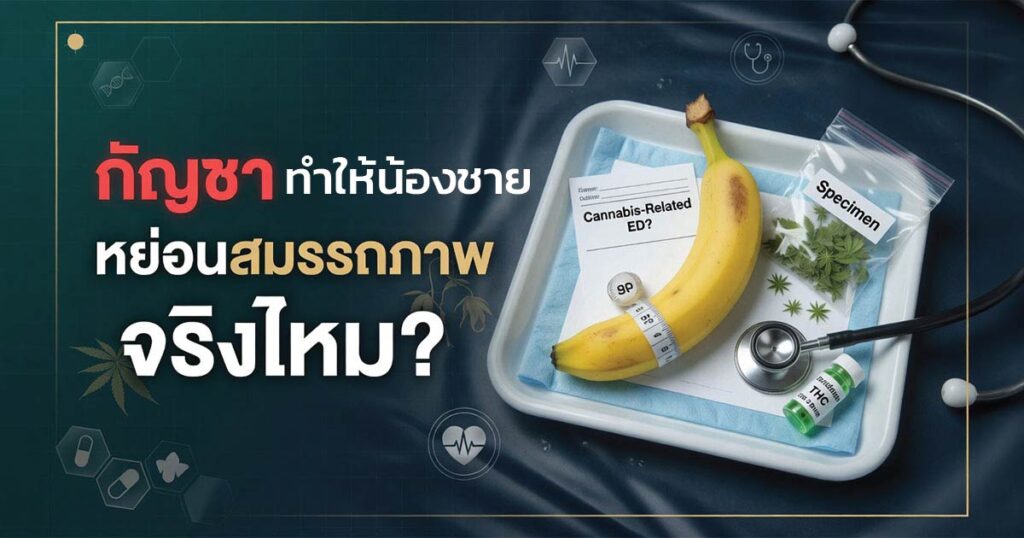 Cannabis - ETERNITY CLINIC นพ.สืบพงษ์ เอ่งฉ้วน Thai infographic about cannabis and erectile dysfunction, showing a banana on a medical tray with pills and a stethoscope.