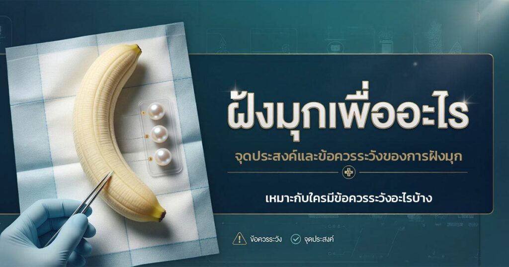 pearl inlaid - ETERNITY CLINIC นพ.สืบพงษ์ เอ่งฉ้วน Thai educational infographic about masturbation, showing a banana on a lab tray with a gloved hand and tweezers, plus Thai headings and safety tips