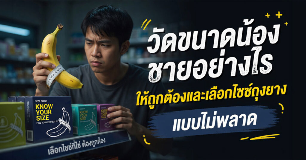 condom - ETERNITY CLINIC นพ.สืบพงษ์ เอ่งฉ้วน Young man in a store holds a banana with a measuring tape wrapped around it; shelves visible in the background.